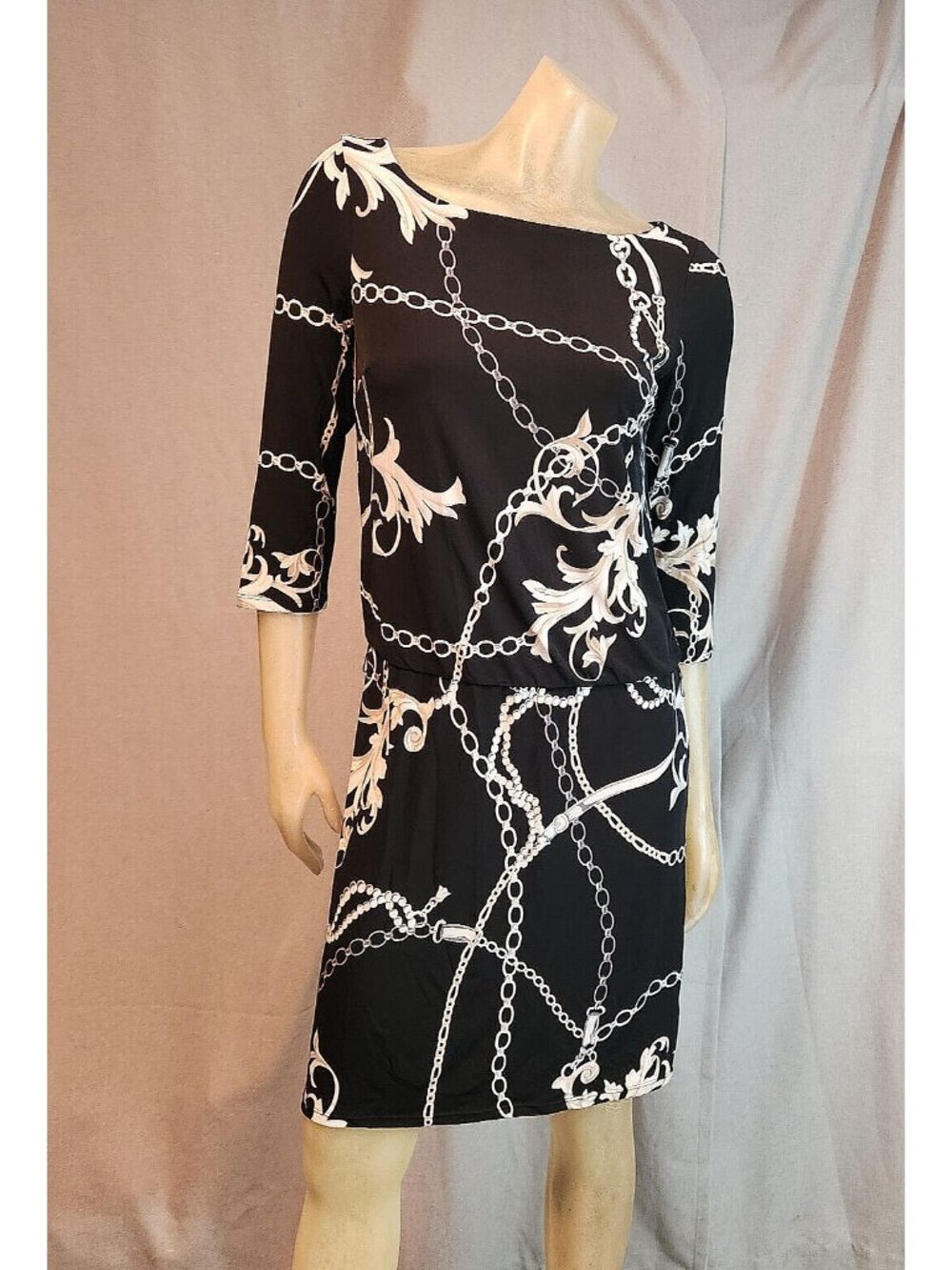 White House Black Market Black w Chains Blousen Shift Dress Womens USED XSMALL